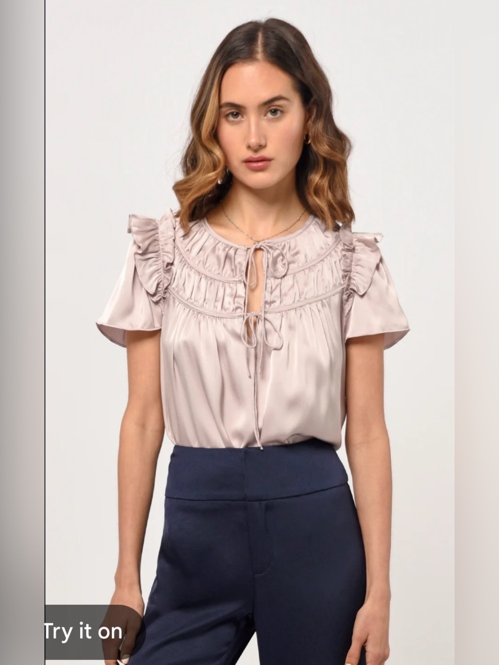 Greylin Women's Ruffle Tie-Neck Satin Blouse - Light Blush Size Small